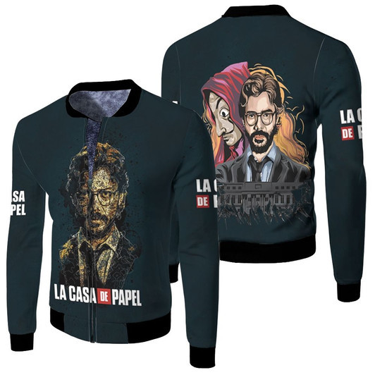 La Casa De Papel Money Heist Professor Amazing Leader Black Gradient Fleece Bomber Jacket