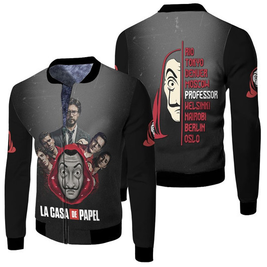 La Casa De Papel Money Heist Professor And Members Black Fleece Bomber Jacket