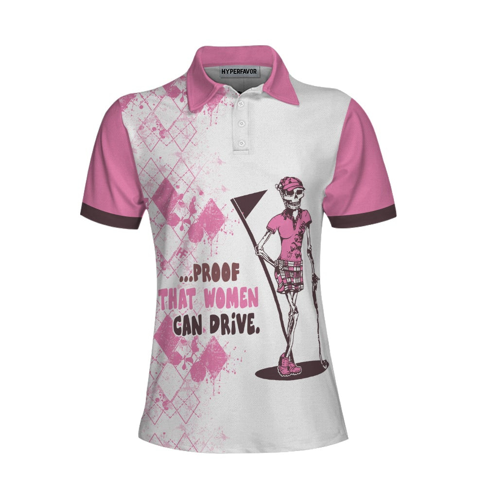 Ladies Mrs Bones Golf Pink Argyle Short Sleeve Women Polo Shirt Proof That Women Can Drive White And Pink Golf Shirt For Ladies