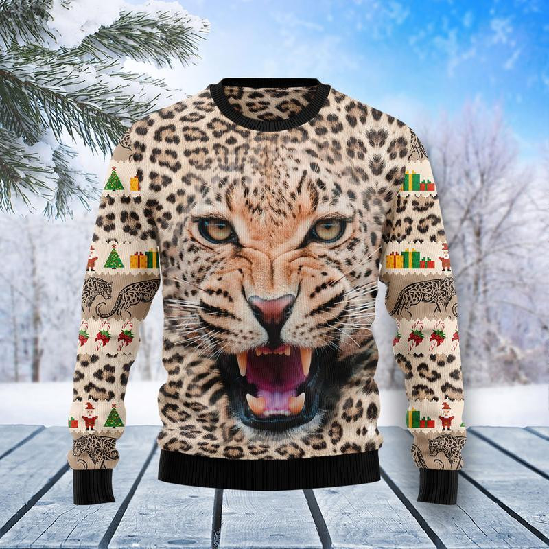 Leopard Cute Face Ugly Christmas Sweater Ugly Sweater For Men Women