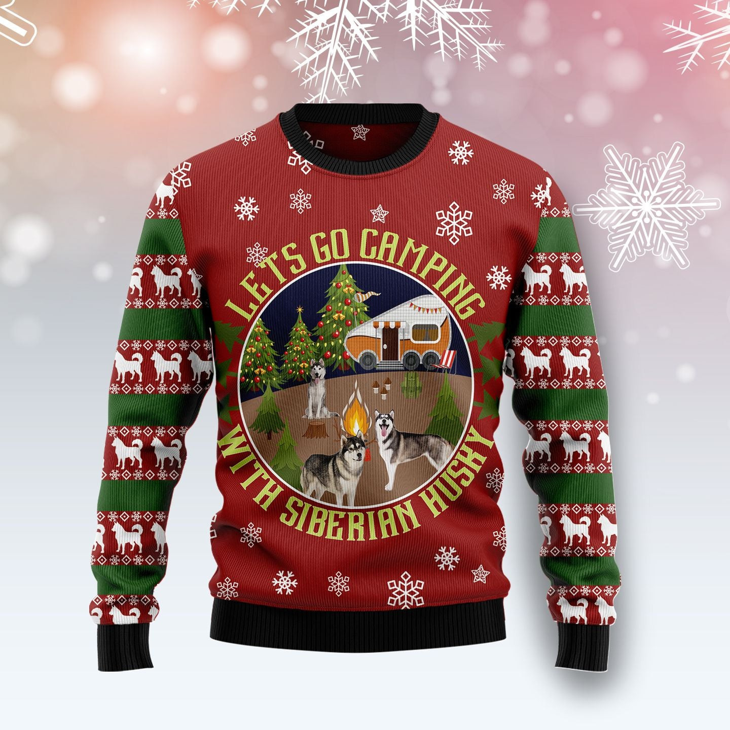 Lets Go Camping With Siberian Husky Ugly Christmas Sweater