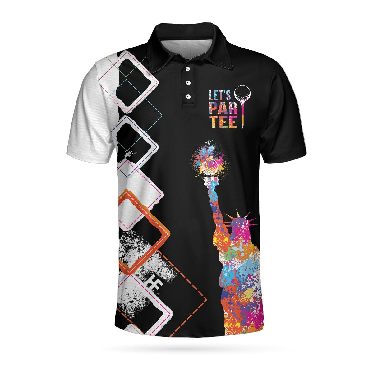 Lets Par Tee Colorful Lady Liberty Patriotic Golfer Polo Shirt Black And White Argyle Pattern Golf Shirt For Men