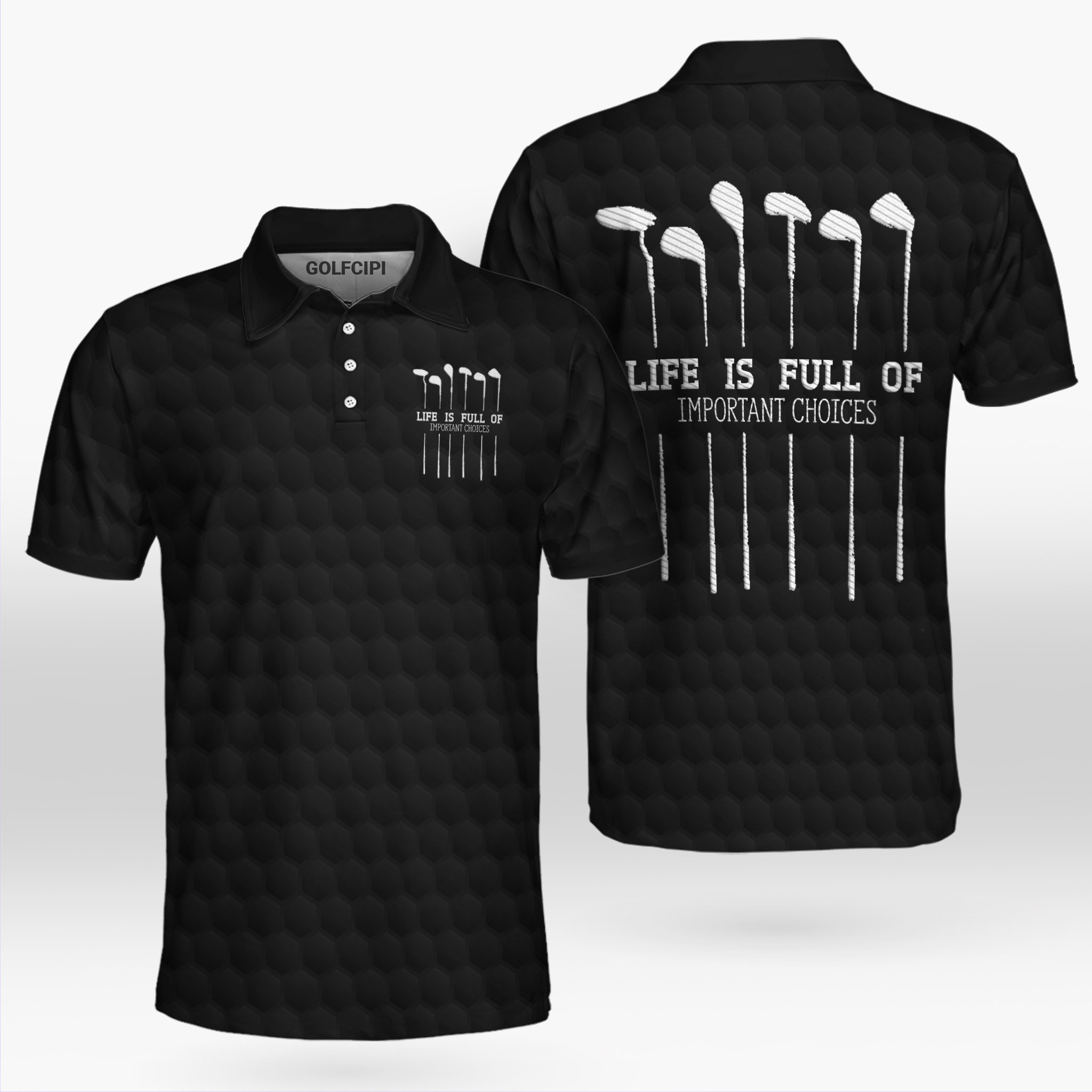 Life Is Full Of Important Choices Golf Ball Pattern Black Polo Shirt Best Golf Shirts For Men