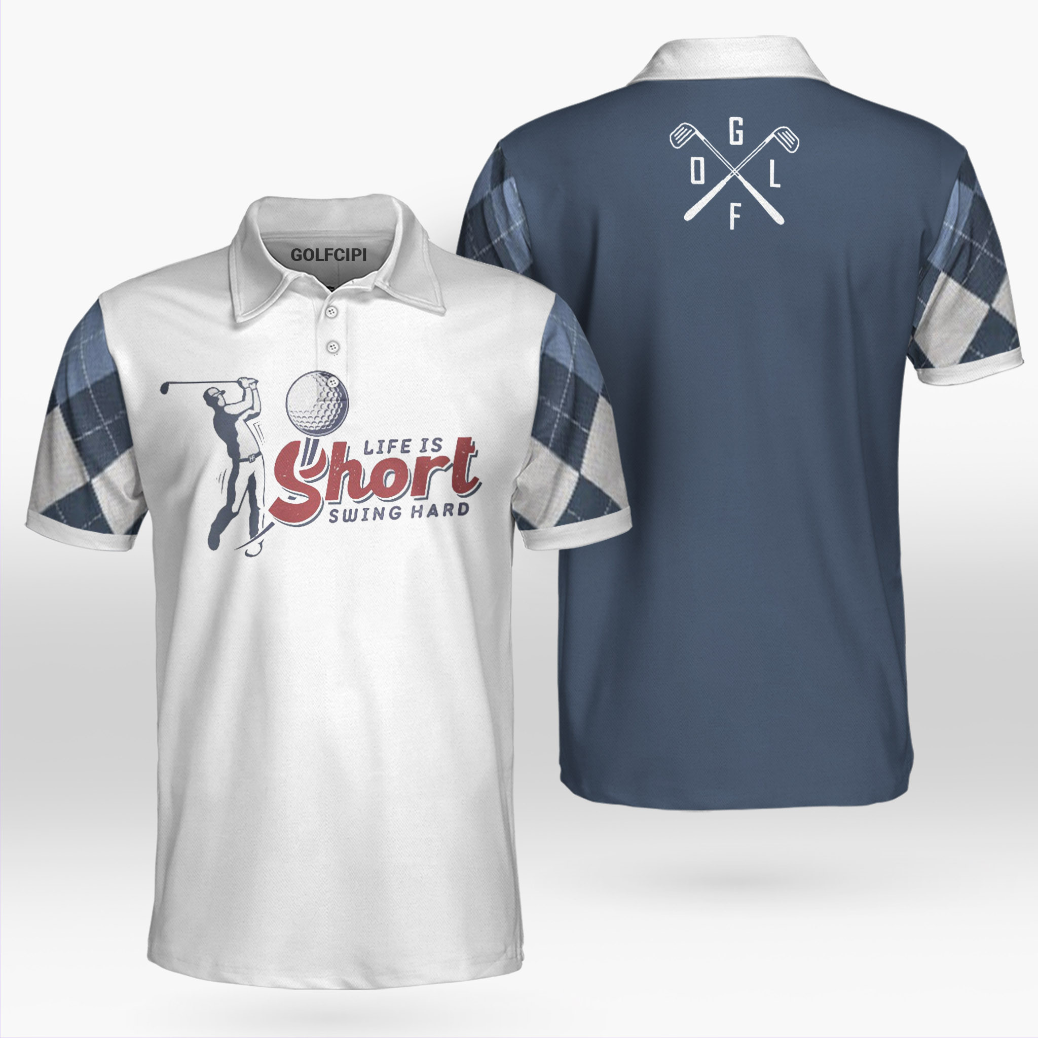 Life Is Short Swing Hard Argyle Navy Blue Polo Shirt Best Golf Shirts For Men