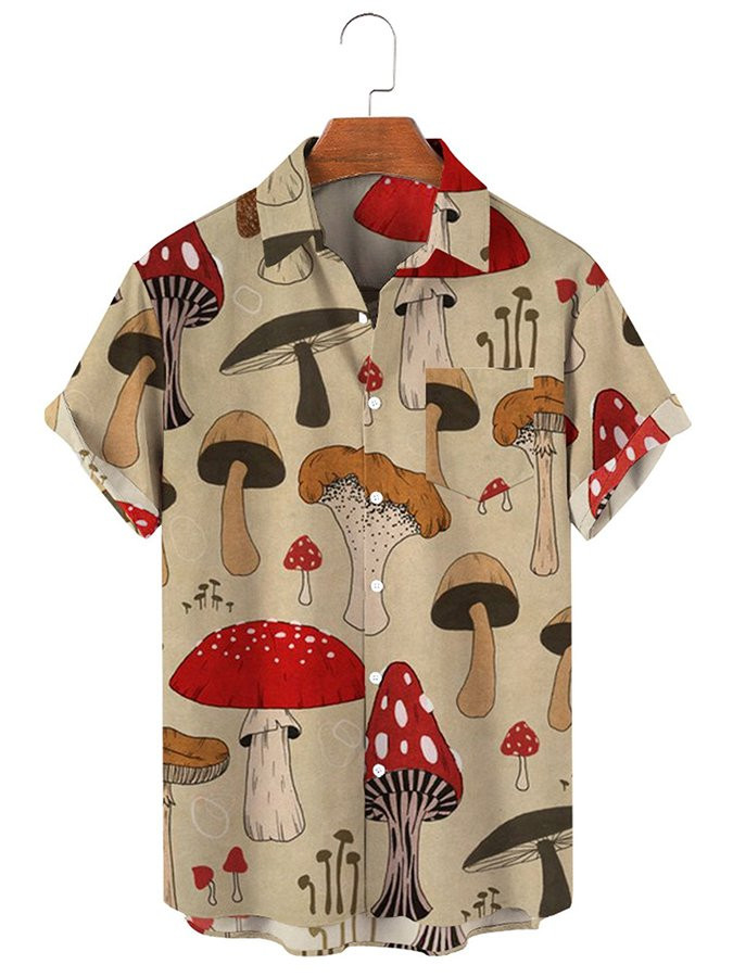 Light Camel Mushroom Casual Series Printed Cotton-Blend Shirts  Tops Hawaiian Shirt for Men Women