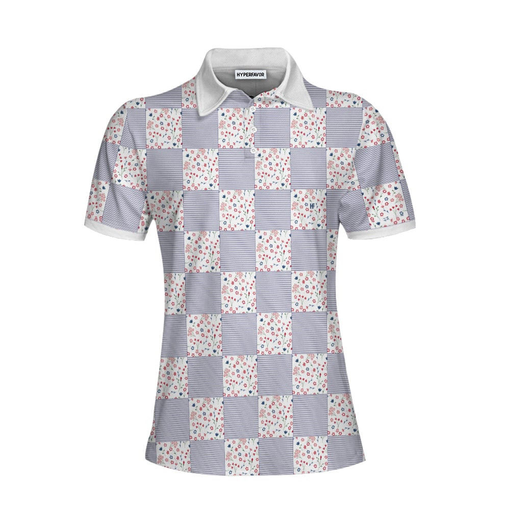 Little Flowers Blue Pink Plaid Short Sleeve Women Polo Shirt