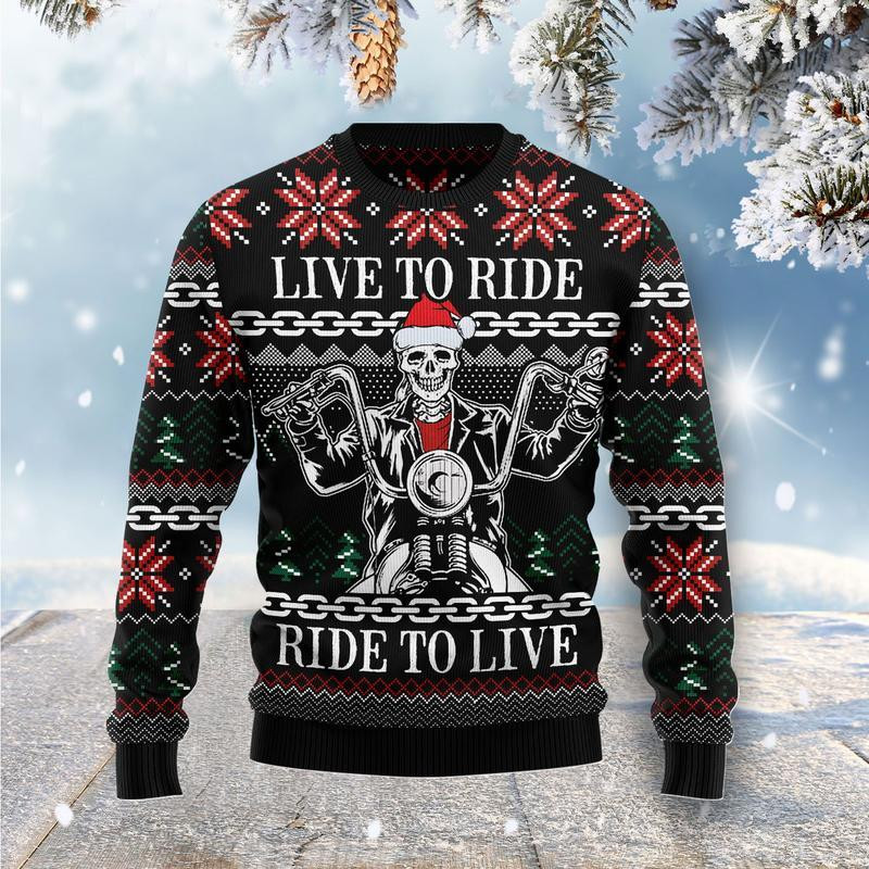 Live To Ride Motorbike Skeleton Ugly Christmas Sweater Ugly Sweater For Men Women