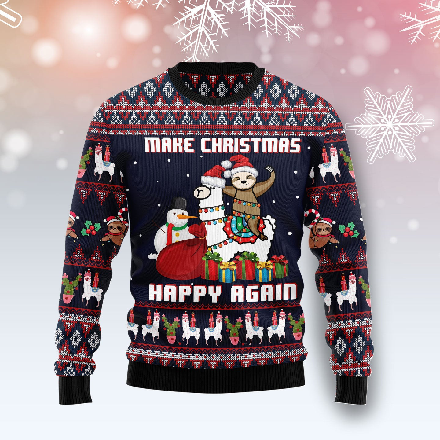 Llama Sloth Make Christmas Happy Again Ugly Christmas Sweater, Ugly Sweater For Men Women, Holiday Sweater