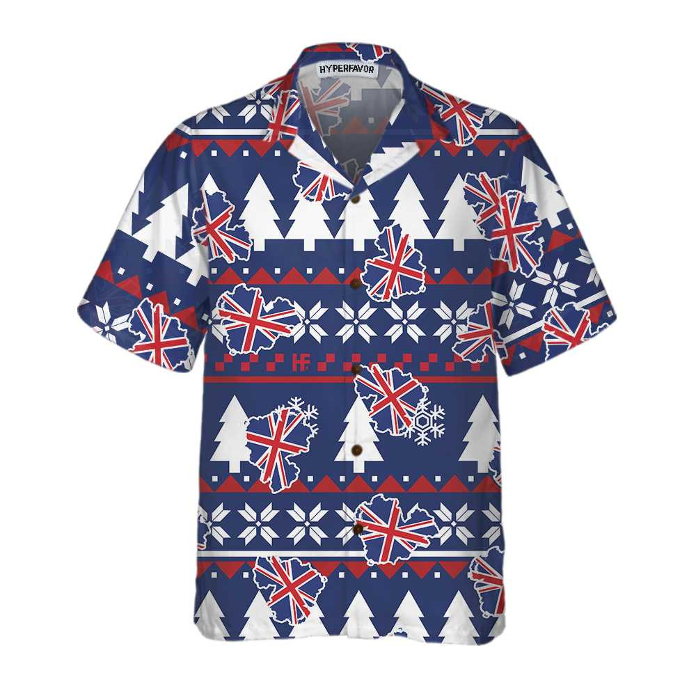 London Ugly Christmas Pattern Hawaiian Shirt England Flag Christmas Shirt For Men