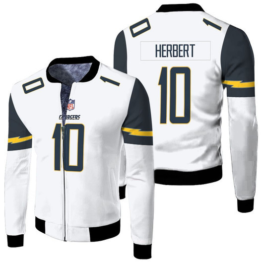 Los Angeles Chargers Justin Herbert 10 Nfl Game White Jersey Style Gift For Chargers Fans Fleece Bomber Jacket