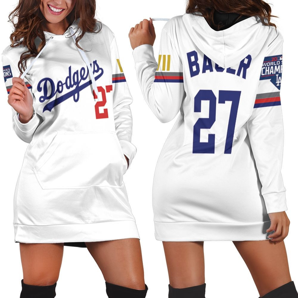 Los Angeles Dodgers Bauer 27 2020 Championship Golden Edition White Jersey Inspired Style Hoodie Dress Sweater Dress Sweatshirt Dress