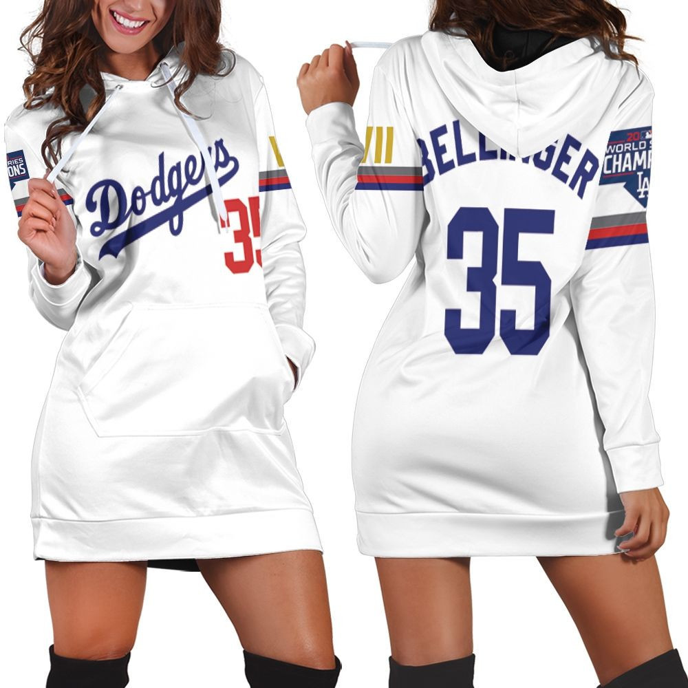 Los Angeles Dodgers Bellinger 35 2020 Championship Golden Edition White Jersey Inspired Style Hoodie Dress Sweater Dress Sweatshirt Dress