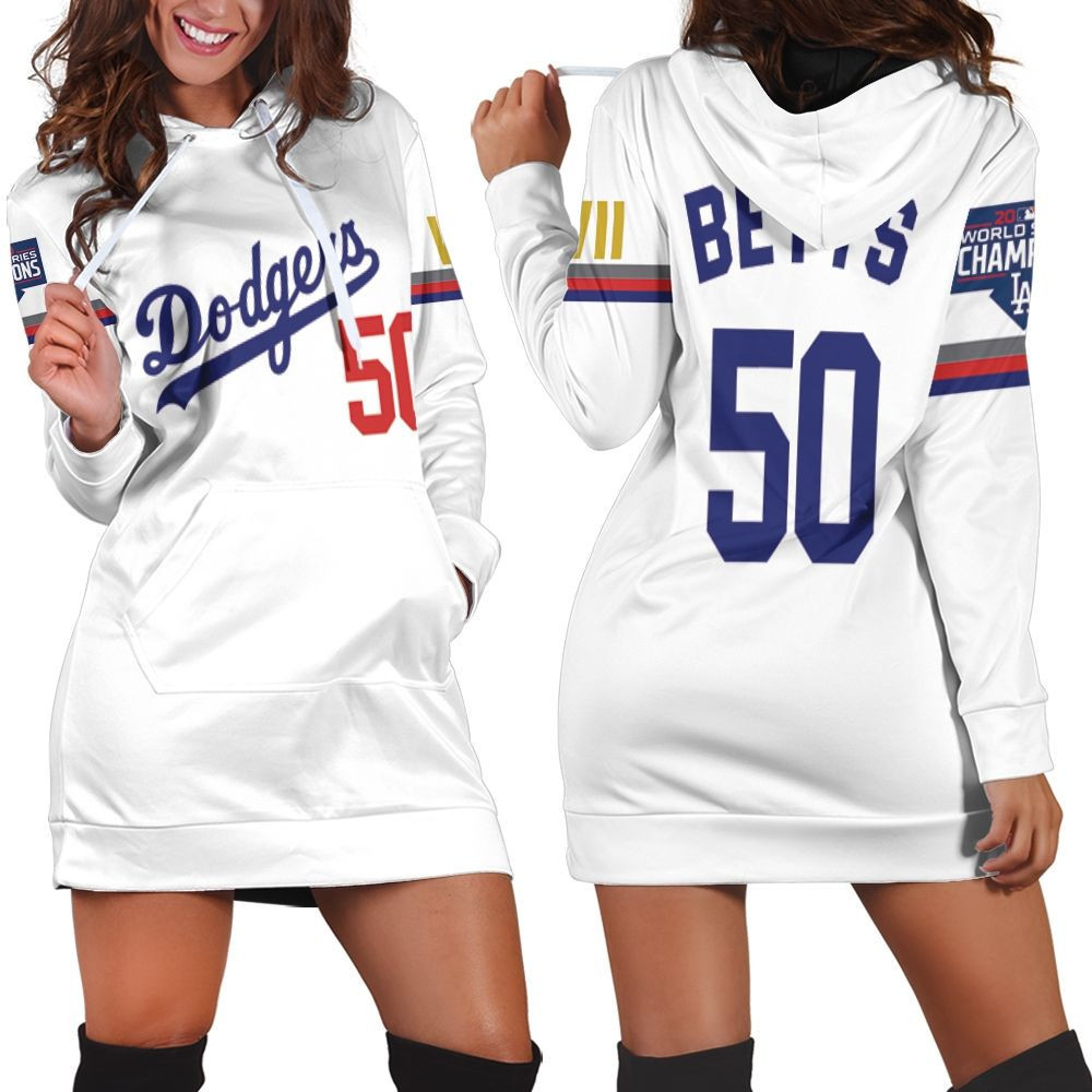 Los Angeles Dodgers Betts 50 2020 Championship Golden Edition White Jersey Inspired Style Hoodie Dress Sweater Dress Sweatshirt Dress