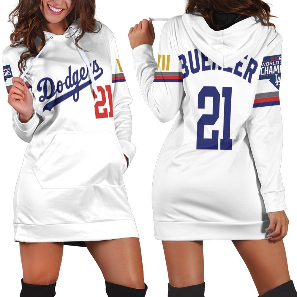 Los Angeles Dodgers Buehler 21 2020 Championship Golden Edition White Jersey Inspired Style Hoodie Dress Sweater Dress Sweatshirt Dress