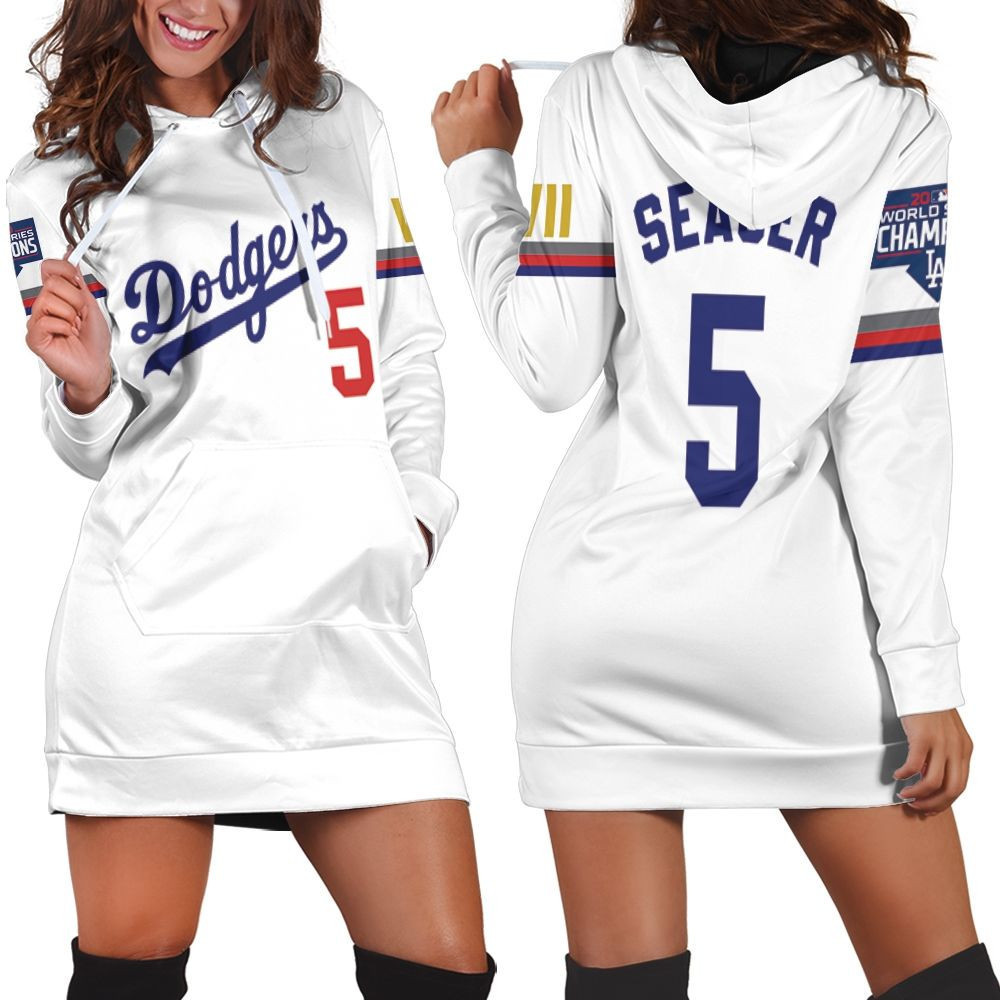 Los Angeles Dodgers Seager 5 2020 Championship Golden Edition White Jersey Inspired Style Hoodie Dress Sweater Dress Sweatshirt Dress