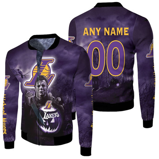 Los Angeles Lakers Michael Myers Horror Halloween Custom Name Number Gift For Lakers Fans And Halloween Lovers Fleece Bomber Jacket