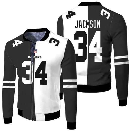 Los Angeles Raiders Bo Jackson 34 Nfl 2020 Black And White Jersey Style Gift For Raiders Fans Fleece Bomber Jacket