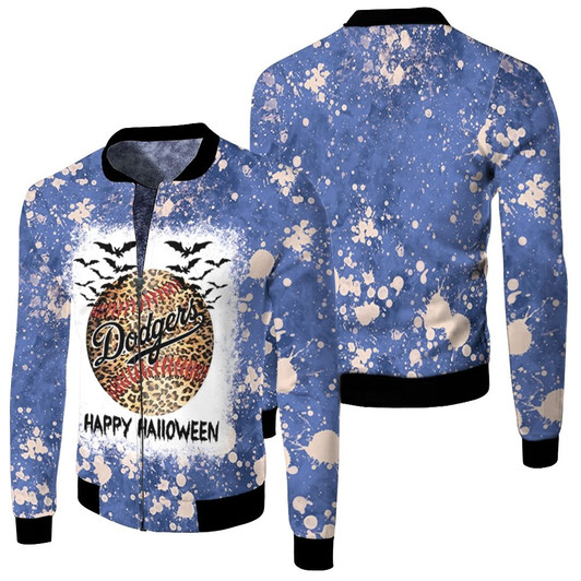 Los Angles Dodgers Leopard Pattern Happy Halloween Fleece Bomber Jacket