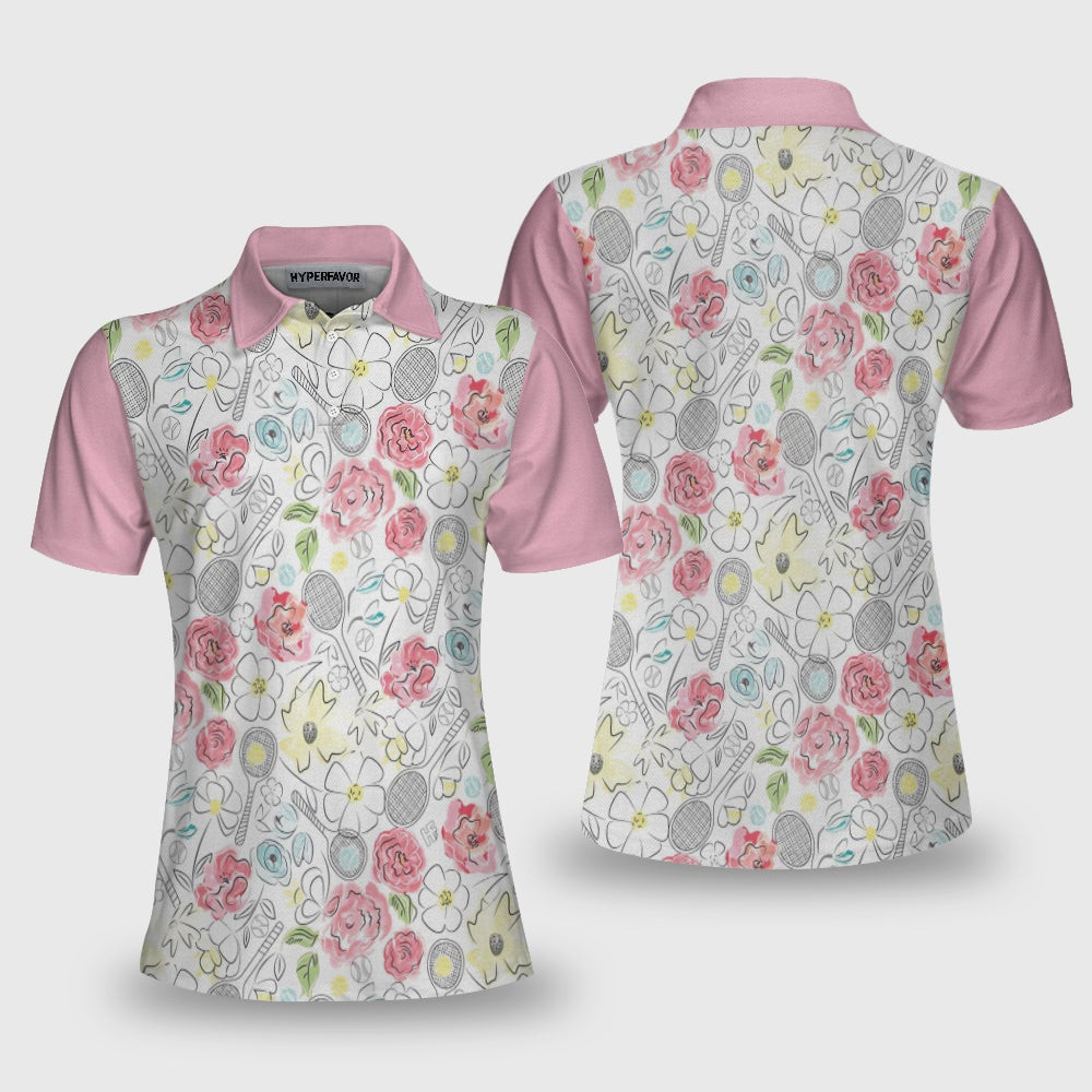 Lovely Pink Floral Tennis Pattern Short Sleeve Women Polo Shirt