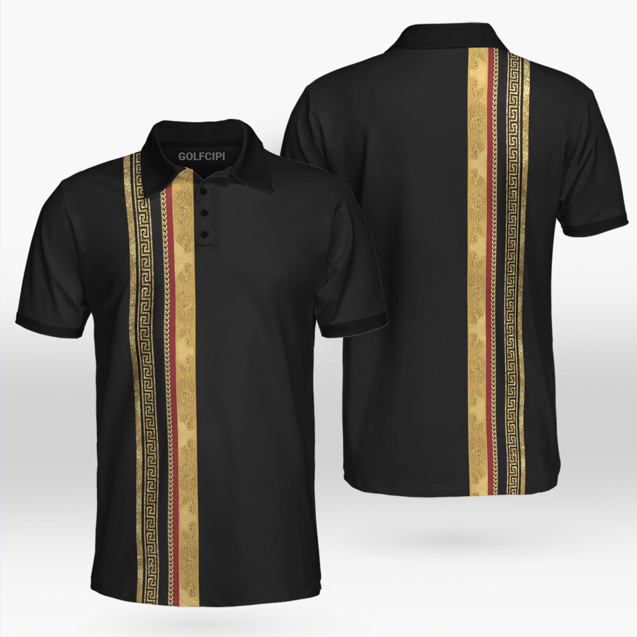 Luxury Baroque Pattern Golden Greek Key Black Polo Shirt Best Golf Shirts For Men