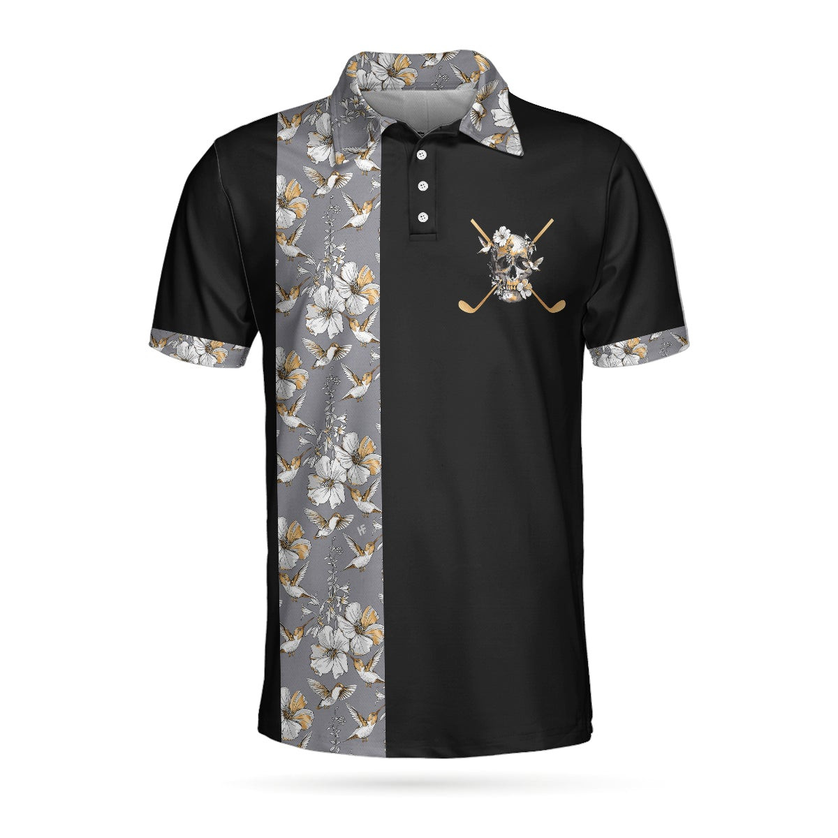 Luxury Golden Skull Black Golf Polo Shirt Ash Floral Pattern Polo Shirt Best Golf Shirt For Men