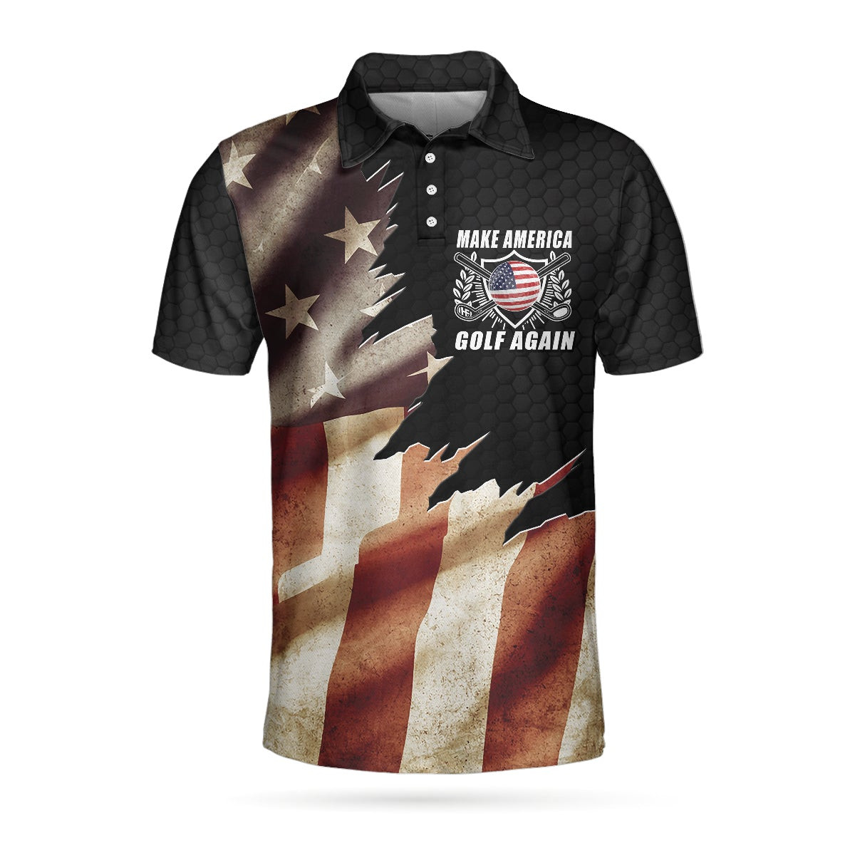 Make America Golf Again Custom Polo Shirt Personalized Black Hornet Nest Pattern American Flag Golf Shirt For Men