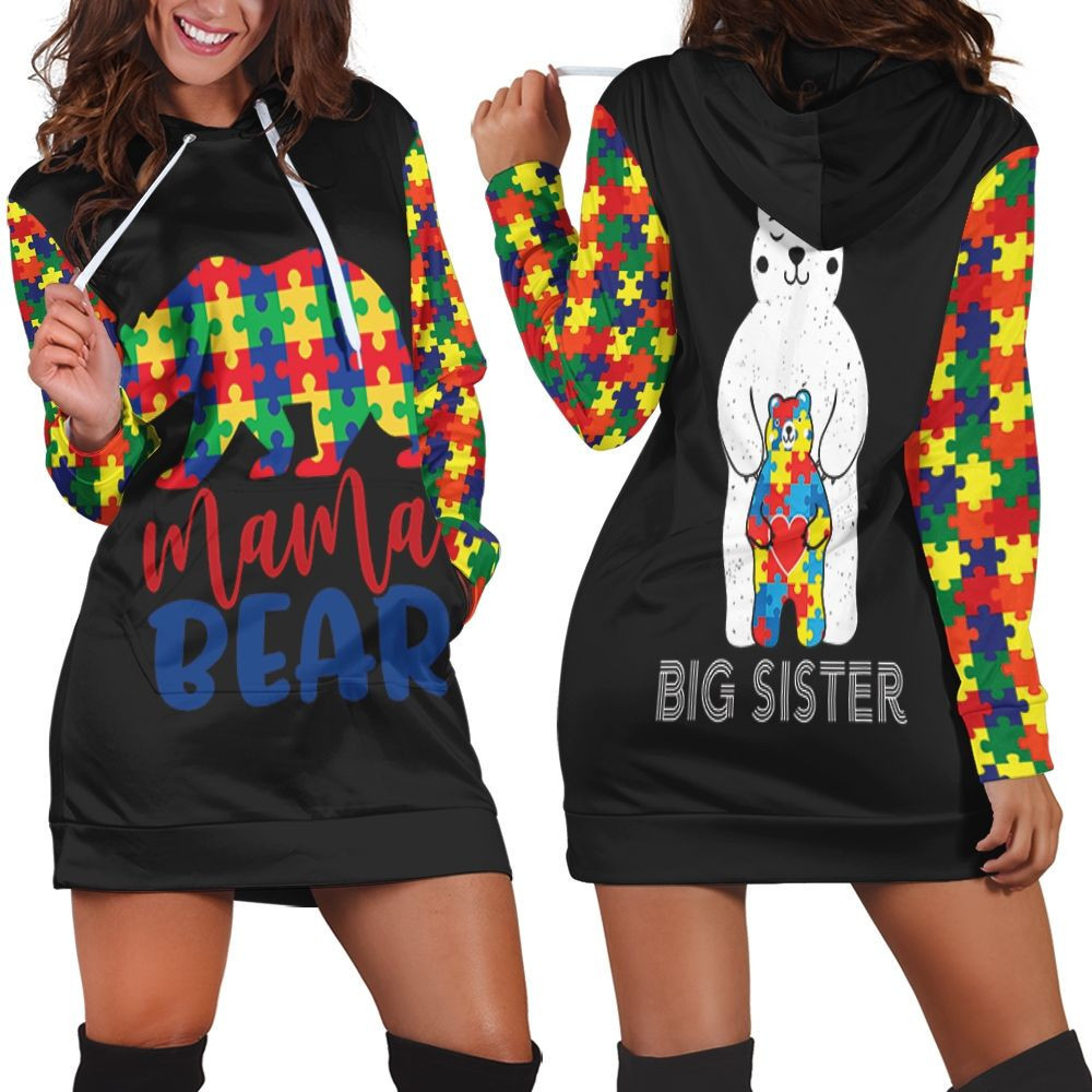 Mama Bear Big Sister Autism Support Hoodie Dress Sweater Dress Sweatshirt Dress