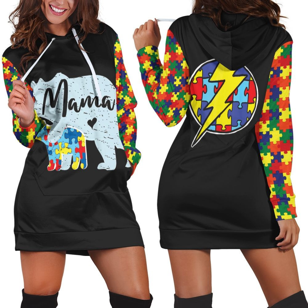 Mama Bear  Son Autism Support Hoodie Dress Sweater Dress Sweatshirt Dress