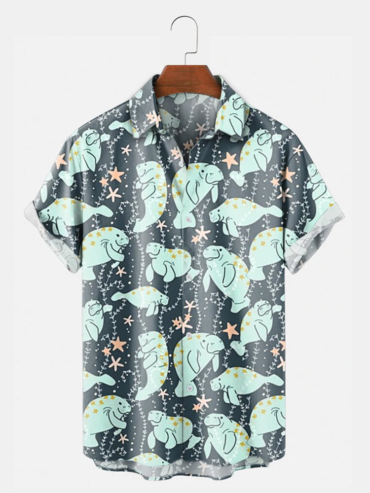 Manatee Printed Hawaiian Shirt Summer Hawaiian