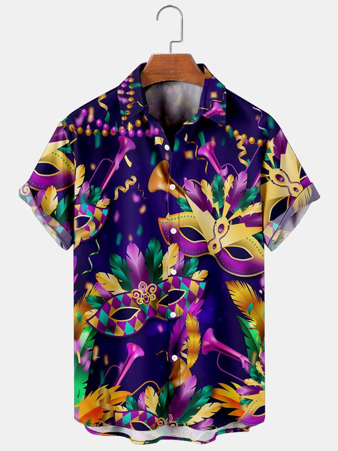 Mardi Gras Aloha Hawaiian Shirt Colorful Short Sleeve Summer Beach Casual Shirt For Men