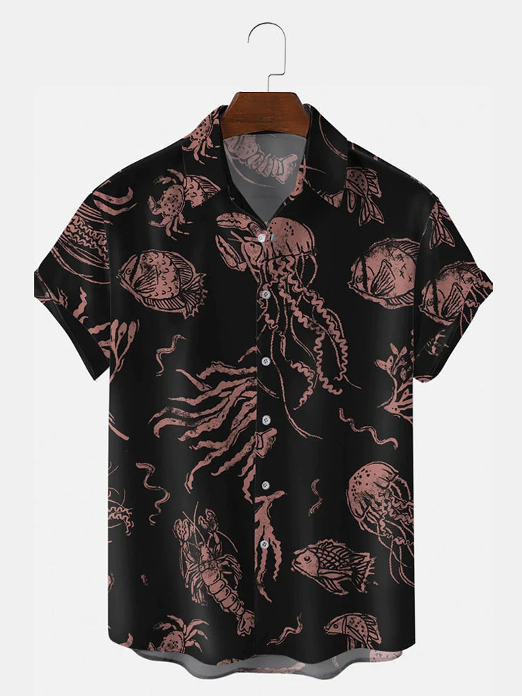 Marine Life Graphic Short-Sleeved Casual Hawaiian Shirt Summer Hawaiian