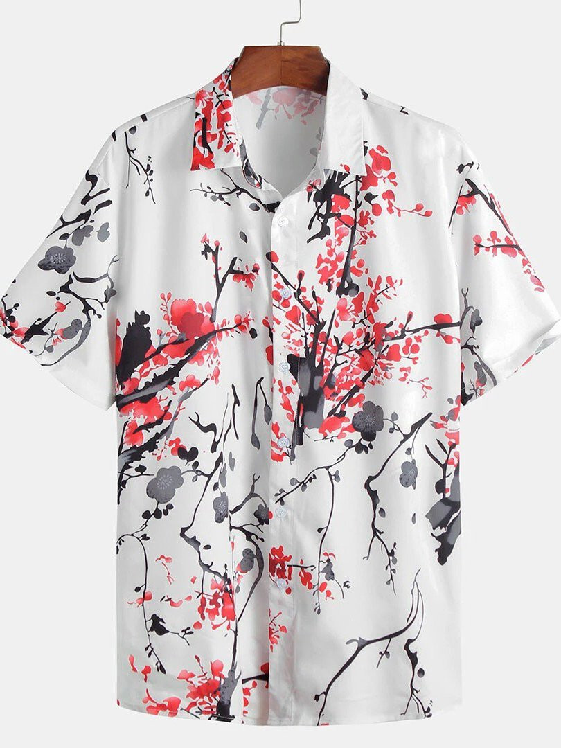 Men Oriental Plum Blossom Print Short Sleeve Shirts Hawaiian Shirt for Men Women