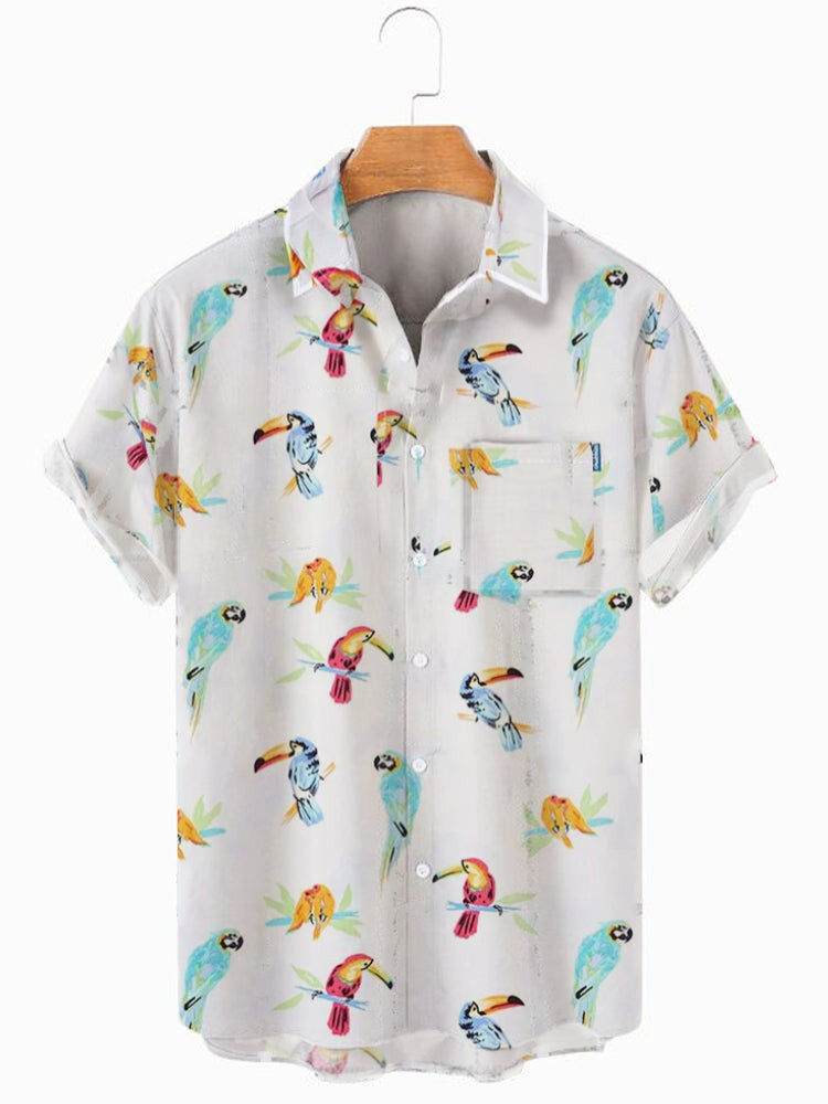 MenS Birds Print Casual Hawaiian Shirt Collar Short Sleeve Hawaiian Shirt Summer Hawaiian, Short Sleeve Hawaiian Shirt