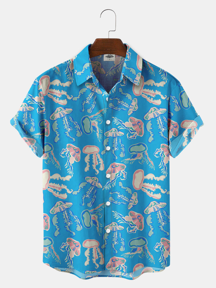 MenS Blue Hand Painted Jellyfish Print Hawaiian Shirts Summer Hawaiian