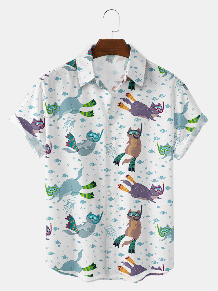 MenS Cats Surrounded By Fishes And Jellyfishes Print Hawaiian Shirts Summer Hawaiian