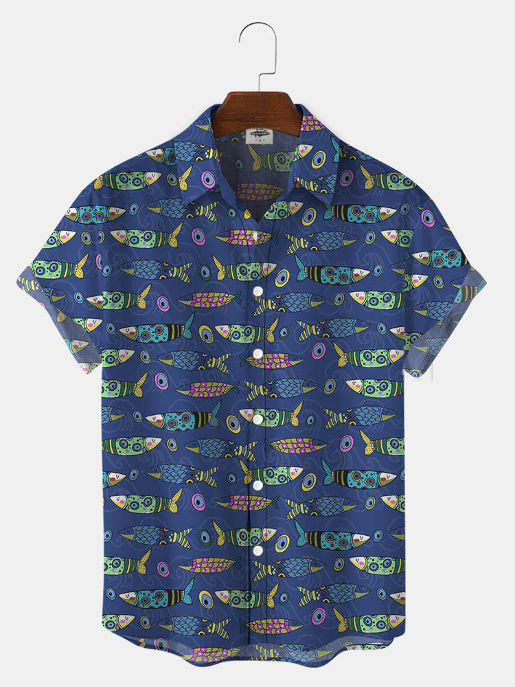 MenS Colorful Fish Print Hawaiian Shirt Summer Hawaiian