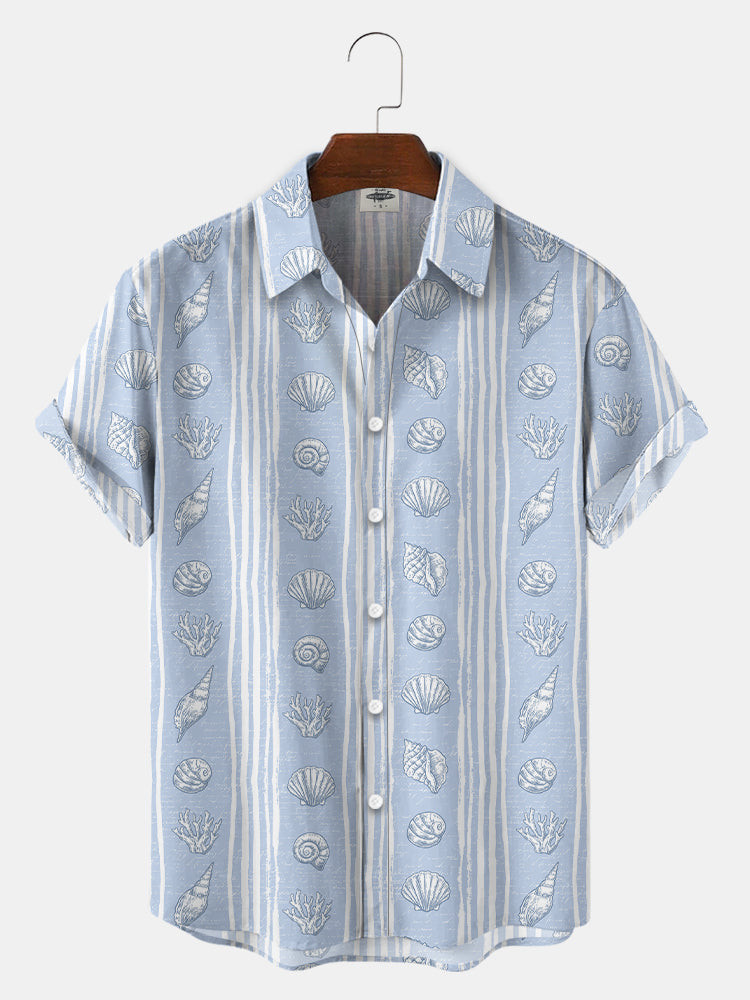 MenS Conch And Shell Stripe Print Hawaiian Shirts Summer Hawaiian