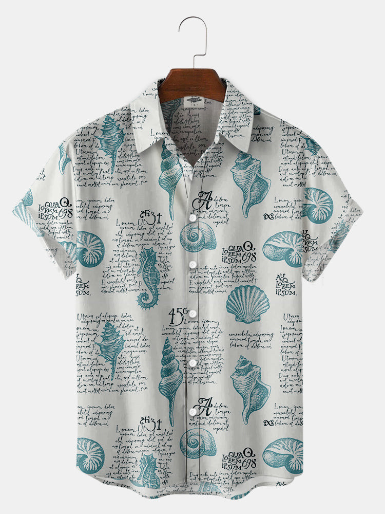 MenS Conch Hippocampus Letter Print Hawaiian Shirt Summer Hawaiian