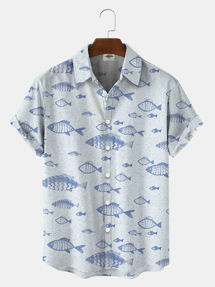 MenS Fish Print Hawaiian Shirts Summer Hawaiian