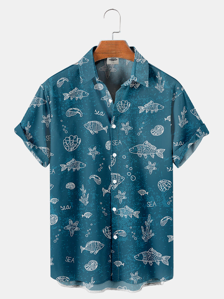 MenS Fish Print Hawaiian Shirts Summer Hawaiian