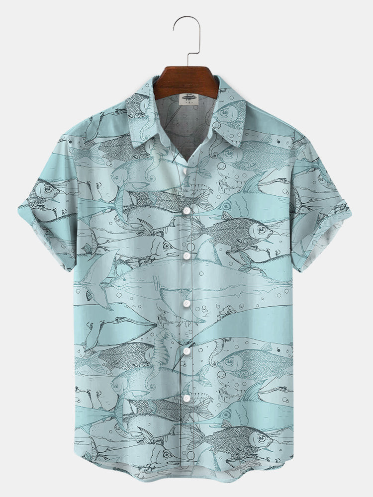 MenS Fish Print Hawaiian Shirts Summer Hawaiian