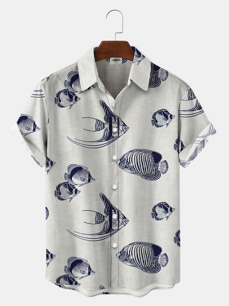 MenS Fish Print Hawaiian Shirts Summer Hawaiian