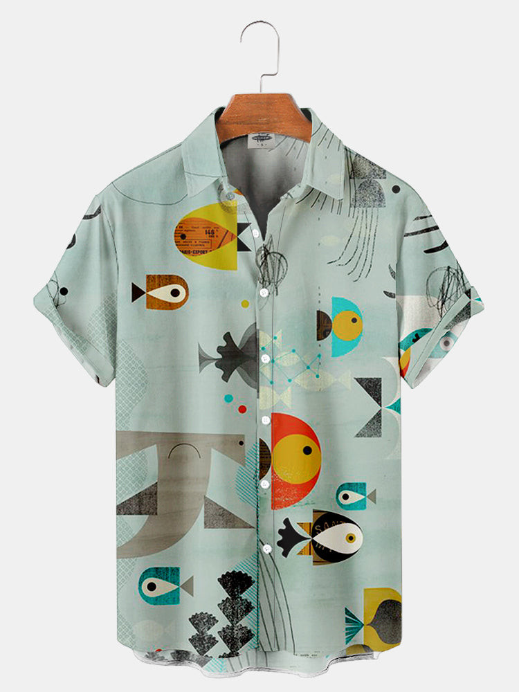 MenS Geometric Shape Fish Print Hawaiian Shirts Summer Hawaiian, Short Sleeve Hawaiian Shirt