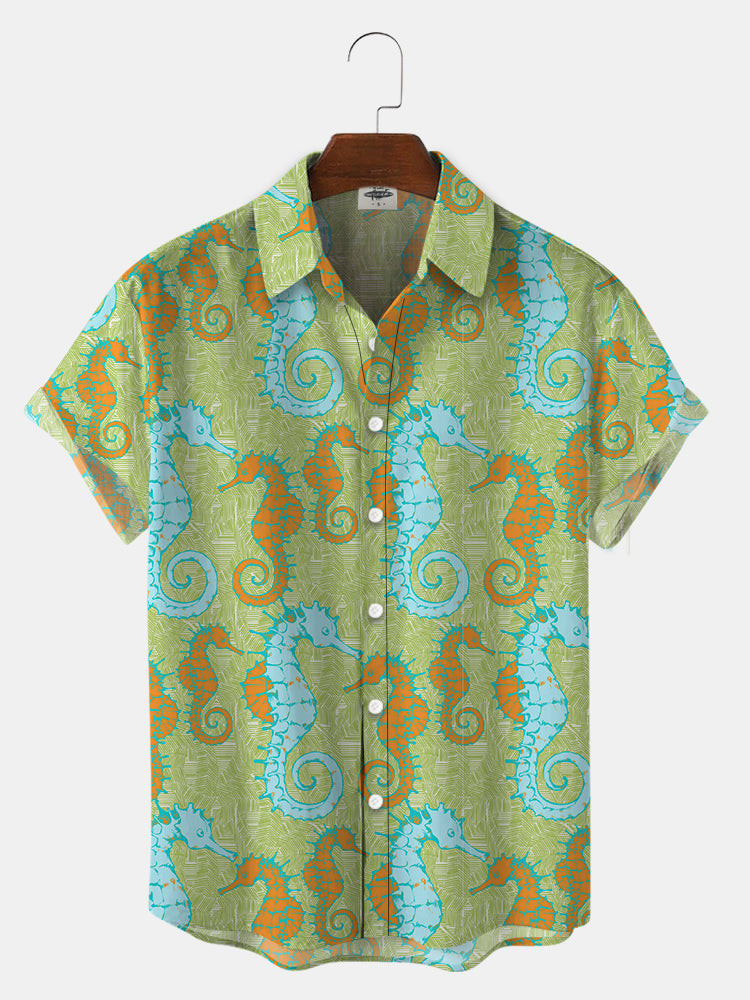 MenS Hand Drawn Seahorse Print Hawaiian Shirt Summer Hawaiian, Short Sleeve Hawaiian Shirt