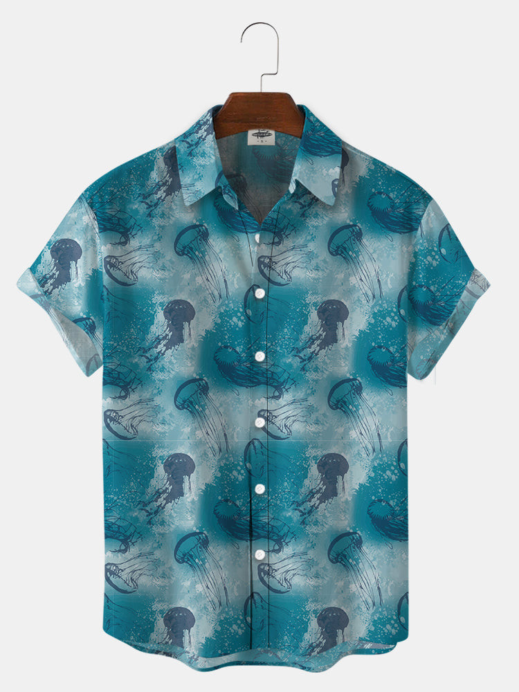 MenS Hand Painted Jellyfish With Watercolor Marks Print Hawaiian Shirt Summer Hawaiian