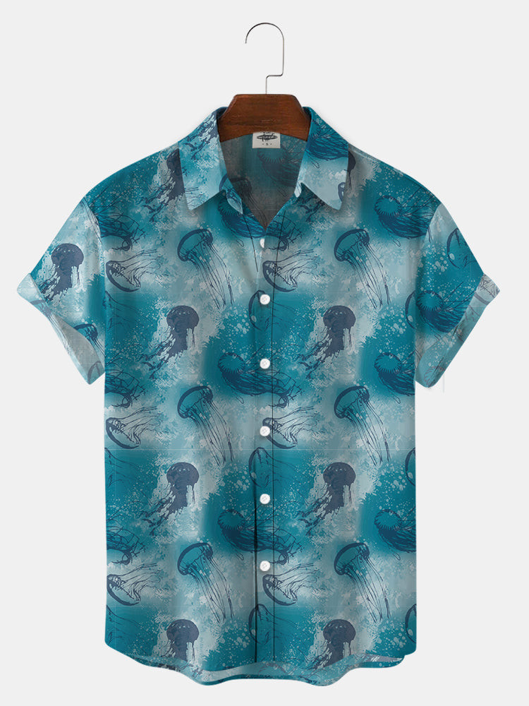 MenS Hand Painted Jellyfish With Watercolor Marks Print Hawaiian Shirt Summer Hawaiian, Short Sleeve Hawaiian Shirt