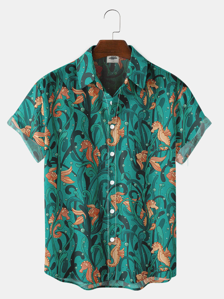 MenS Hawaiian Beach Hippocampus Print Hawaiian Shirt Summer Hawaiian