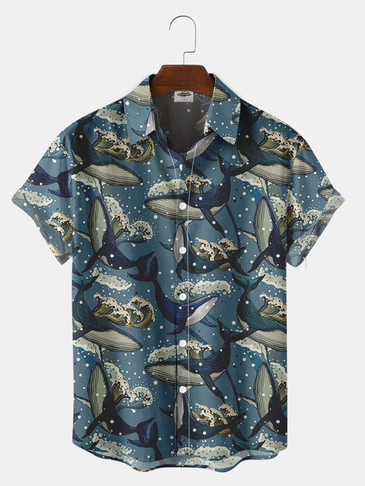 MenS Hawaiian Beach Waves And Whales Print Hawaiian Shirt Summer Hawaiian