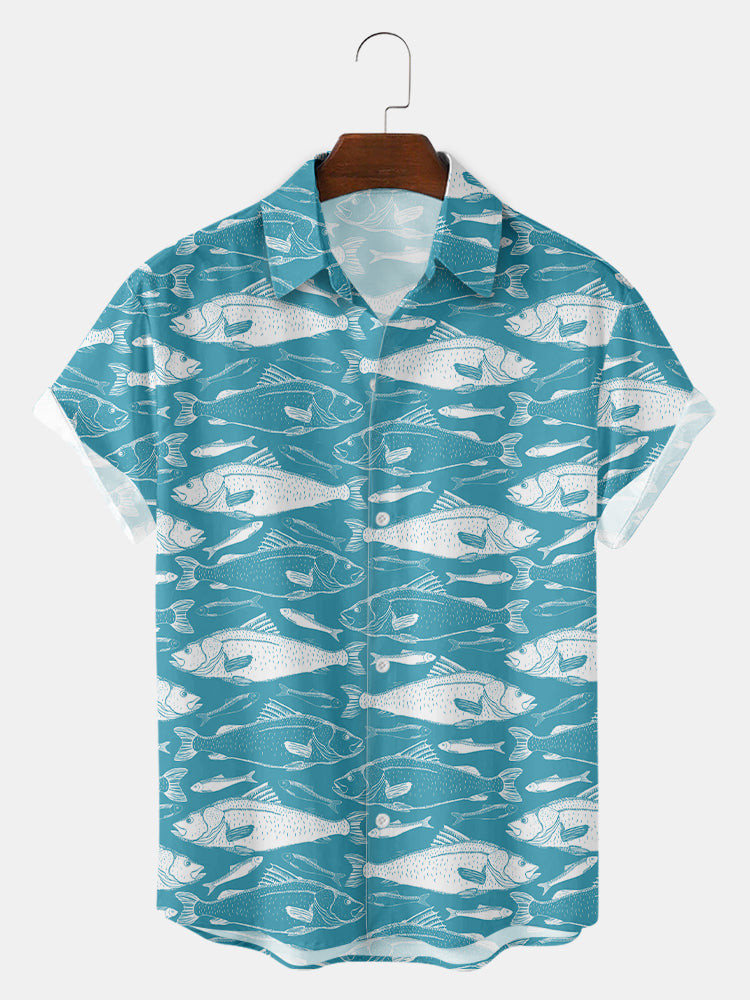 MenS Hawaiian Fish Printed Short Sleeve Hawaiian Shirt Summer Hawaiian, Short Sleeve Hawaiian Shirt