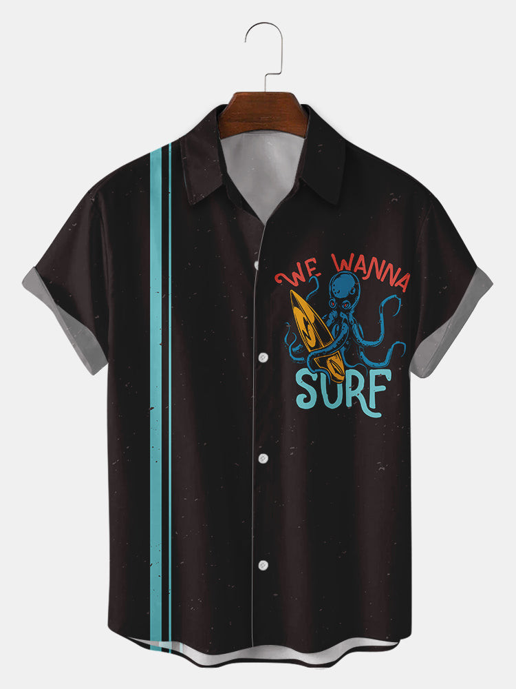 MenS Hawaiian WO WANNA SURF Octopus Print Hawaiian Shirts Summer Hawaiian, Short Sleeve Hawaiian Shirt